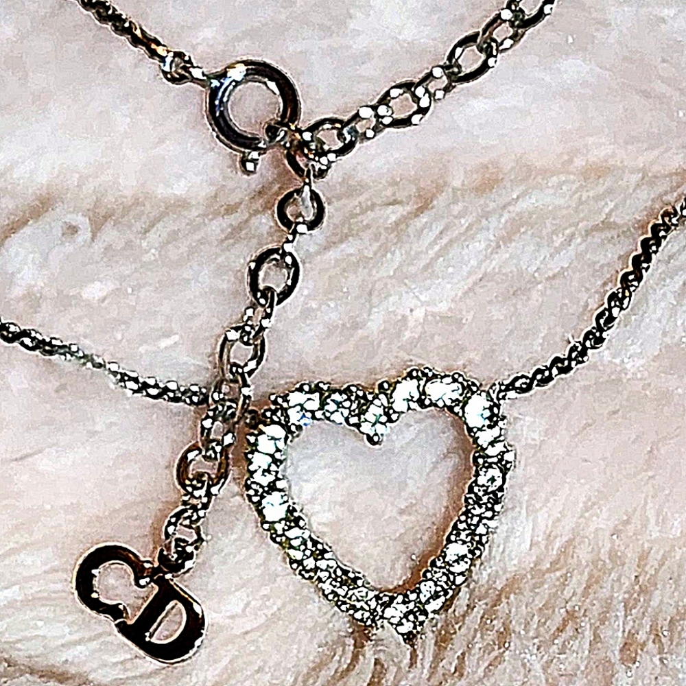 Vintage Cristian Dior Rhinestone Heart Necklace With Silver Plated Chain